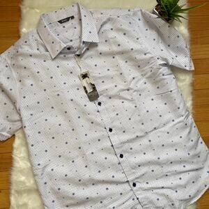 Bohio White and Blue Patterned Short Sleeve Button-Up Shirt Size L